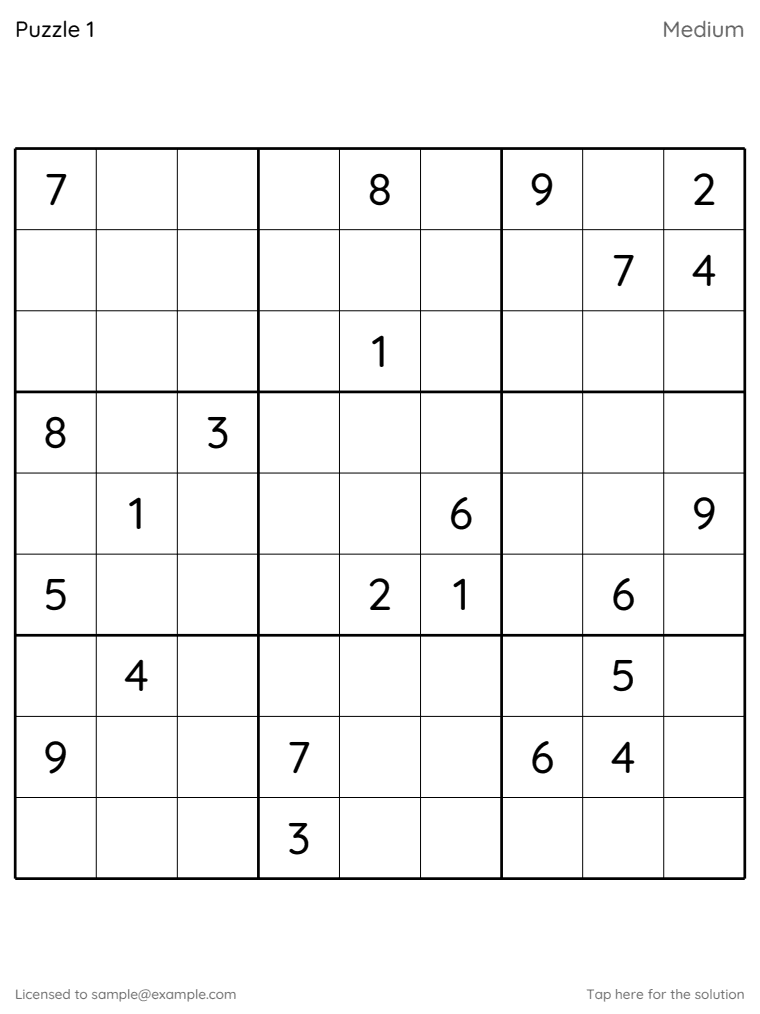 A rendered sudoku page: puzzle number and difficulty in the header, the grid, and a Solution link in the footer